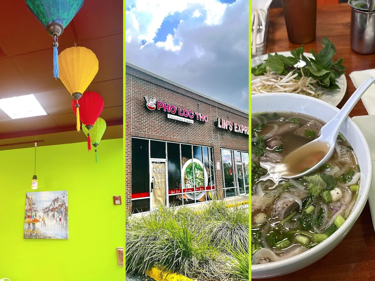A Vietnamese restaurant interior with simple dining tables.
