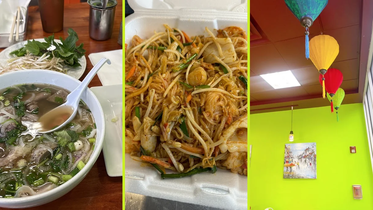 Bowls of pho beside fresh herbs and noodles.
