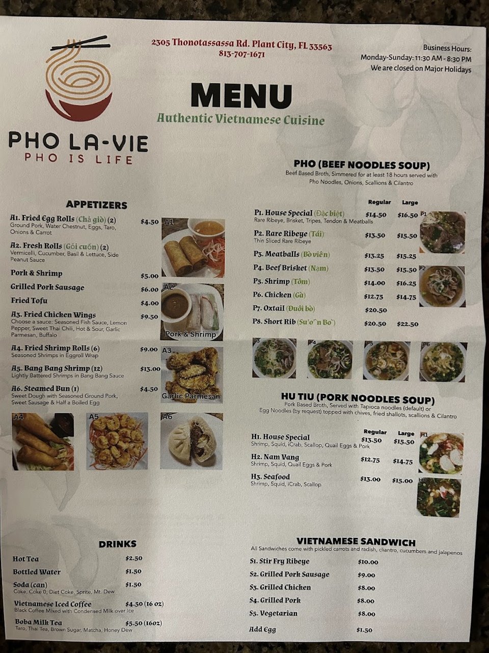 Menu page showing pho, rice platters, and vermicelli bowls.