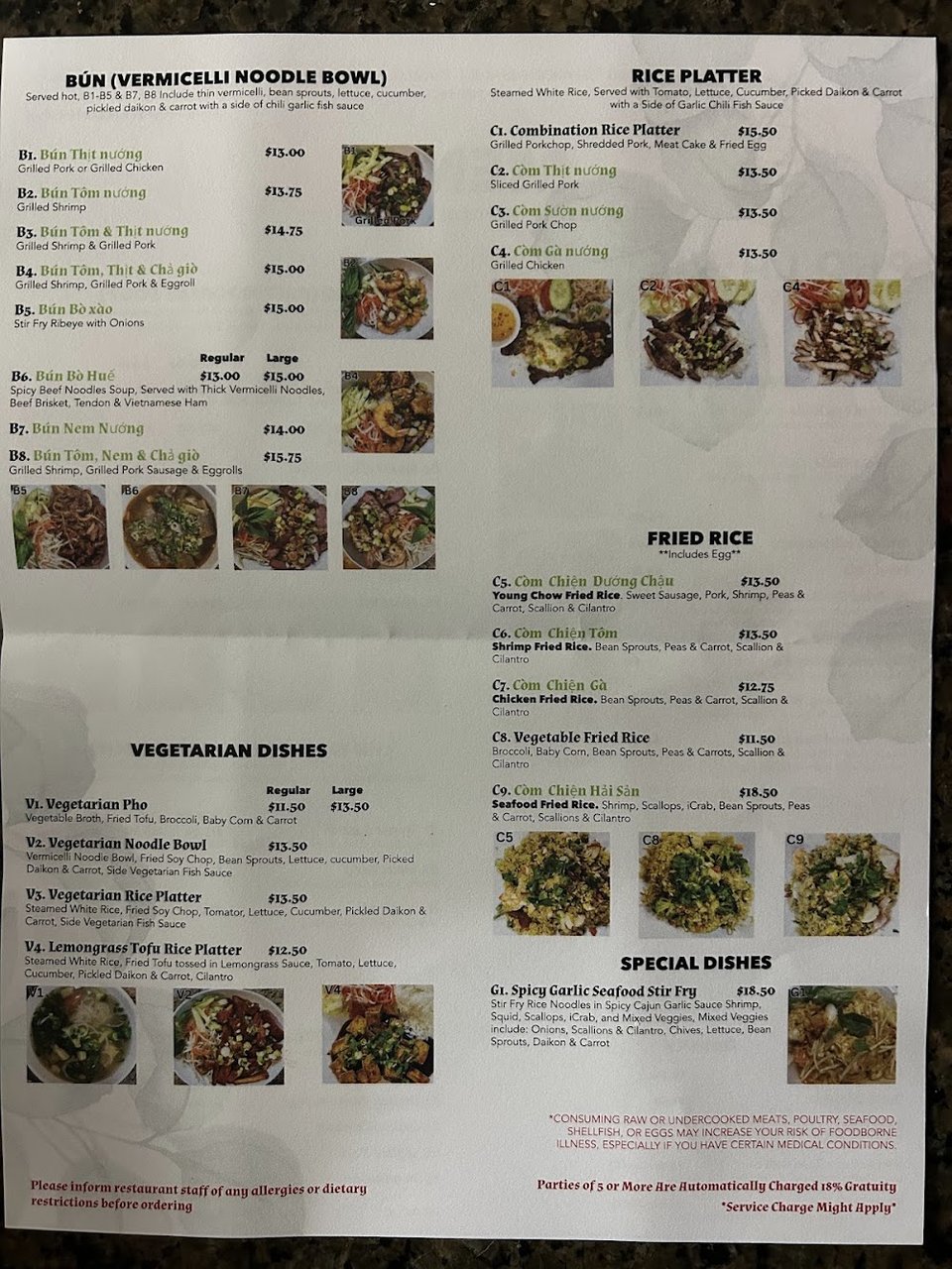 Printed menu with Vietnamese dishes and drink choices.