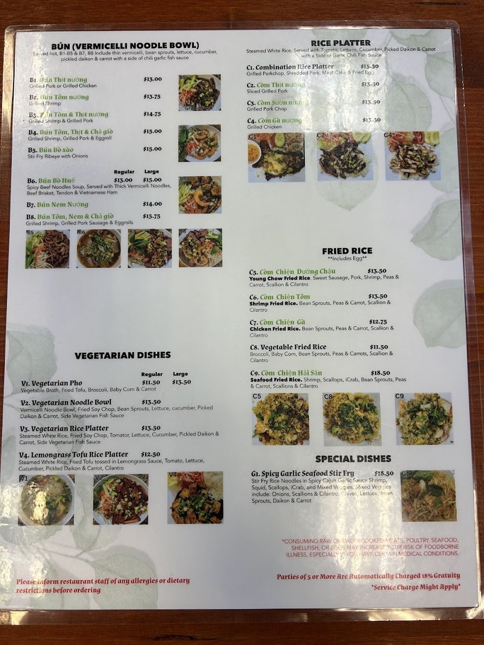 Sections for appetizers, noodle soups, and rice platters.