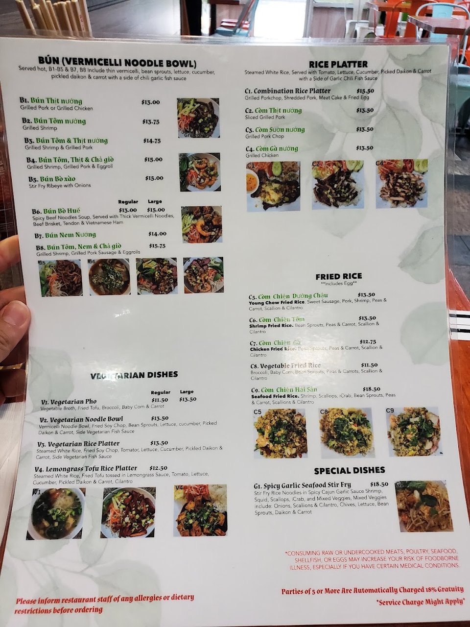 Menu layout featuring vegetarian dishes and iced coffee.
